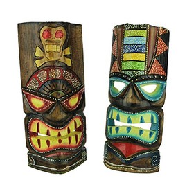 12 inch Tall Hand Crafted Wooden Tiki Totem Wall Mask Set of 2