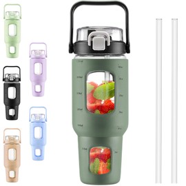 BLUEGO 40 oz Glass Water Bottles with Straw Time Marker, Glass Tumbler with Handle Top Lids, Easy to Clean, Fits in Car Cup Holder, Leakproof Jug for Gym, Sports, Workout & Daily, Olive