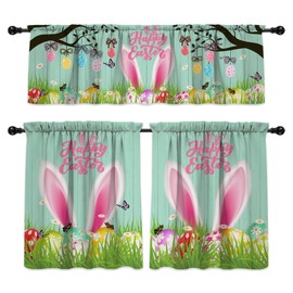 Easter Kitchen Curtains, Bunny Easter Decorations for The Home, Rod Pocket Window Curtains Tier and Valance Set for Kitchen Bedroom Living Room Decor, 54" x 18" Valance, 27" x 36" Tier, 3 Panel Set