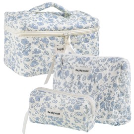 Mulaibdin Set of 3 Cosmetic Bag Travel Toiletry Bag Women's Set Makeup Bag Organiser Quilted Make Up Bags Aesthetic Portable Cosmetic Bag Cute Toiletry Bag for Women Gift, Blue Flowers, Stylish