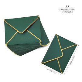 50 PCS Invitation Envelopes A7 Size, Green Envelopes 5 x 7 Inch V-Flap Mailing Card Envelopes Quick Seal Envelopes with Gold Border for 5x7 Cards, Birthday, Weddings, Graduations, Greeting Cards