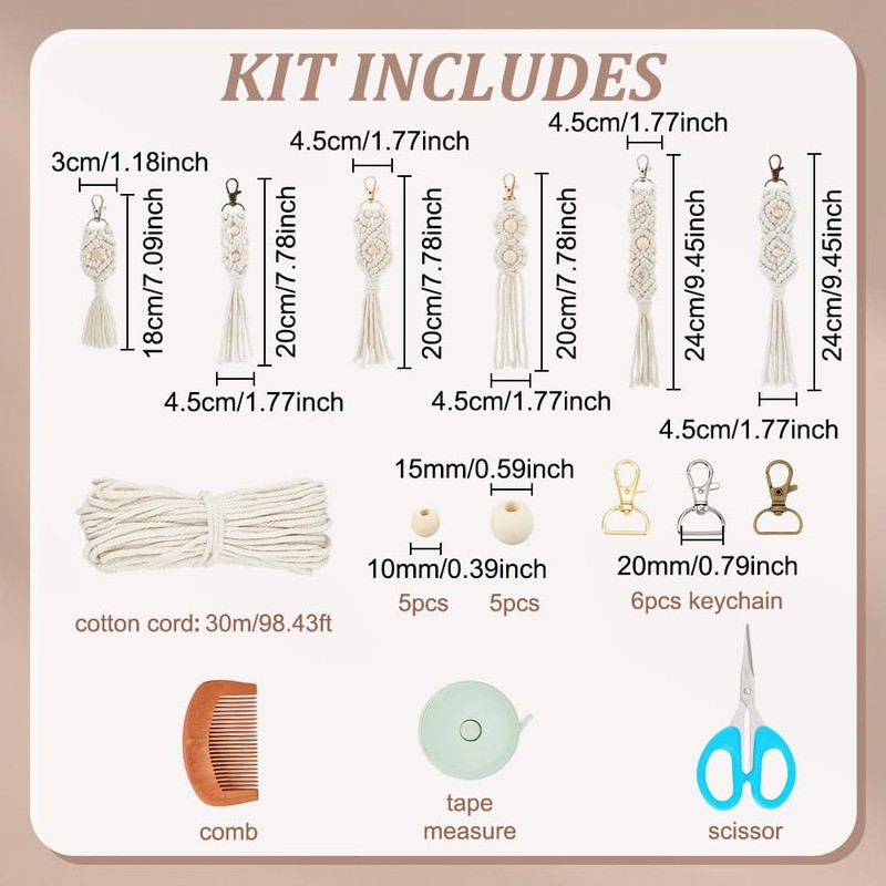 INFUNLY 6PCS Boho White Macrame Keychain Kit Adult DIY Craft
