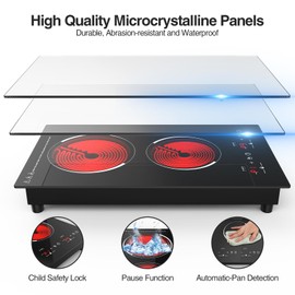 2 Burner Electric Cooktop 12Inch 2100W - 110V Countertop & Built-in Ceramic Cooktop - 9 Power Level Electric Stove Plug in with Timer Child Safety Lock Overheat Protection