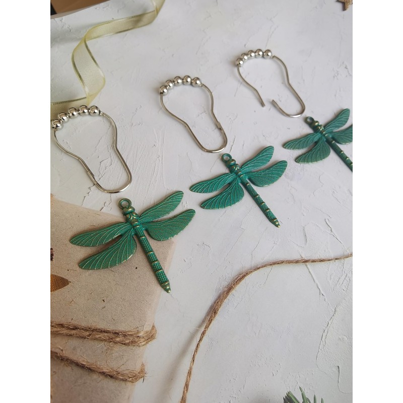 Antique Green Dragonfly Shower Curtain Hooks - Decorative Shower Hooks