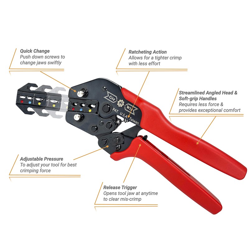 GIZWIZ Ergonomic Quick Change Ratchet Crimp Tool Kit with 5pcs