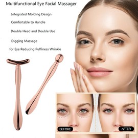 SUKPSY 2 Pcs Metal Eye Cream Applicator Wand Stick, Eye Cream Roller Stick T-Shaped Massage Wand Makeup Spoon Set,Eye Facial Massager,Skin Care Tool for Eye Reducing Puffiness Wrinkle (Rose Gold)