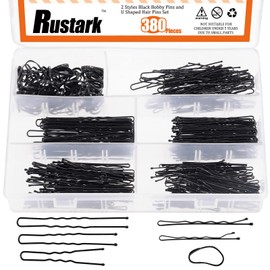 Rustark 380Pcs 2 Styles Black Hair Pins Kit with Storage Box, Includes Bobby Pins Buns U Shaped Hair Pins and Rubber Hair Bands for Women Girls Kids for All Hair Types