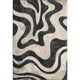 Beige Black Swirl Modern Area Rug – 6' x 9' – Contemporary Abstract Design – Terra Collection – Non-Shedding, Fade-Resistant, Easy to Clean – Durable for High Traffic Areas – Living Room & Bedroom
