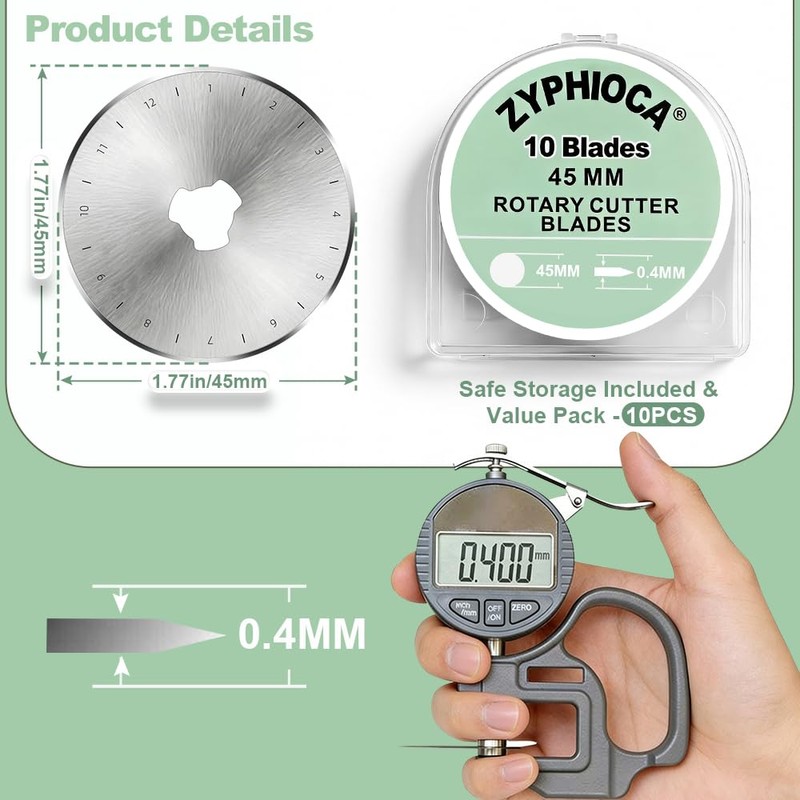 45mm Rotary Cutter Blades 10Pcs by Zyphioca, Fits Fiskars, OLFA,