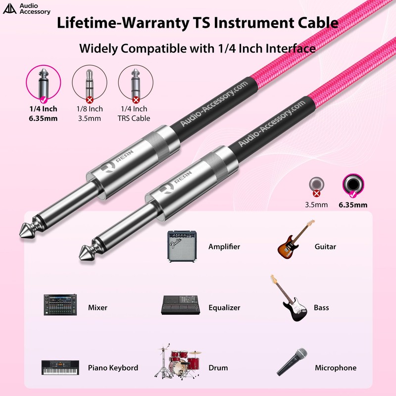 Guitar Cable 3.3ft, Nylon Braided Anti-Kinking Kevlar-Reinforced, Neutrik REAN Connector,
