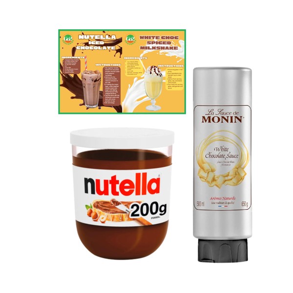 Go2 Groceries Bundle Flavoured Dessert Spreads La Sauce De Monin White Chocolate (500 ml), Nutella Hazelnut Spread (200 g) with Recipe Cards
