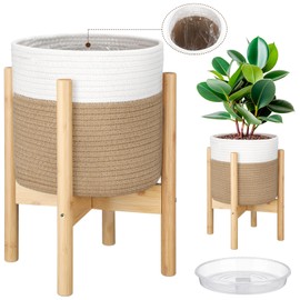 Sunnychicc Plant Basket with Stand Indoor Planter Pot Holder Sturdy Jute Rope Modern Woven Plant Basket, Cotton Rope Woven Pot with Bamboo Plant Stand(White and Yellow,10 Inch)