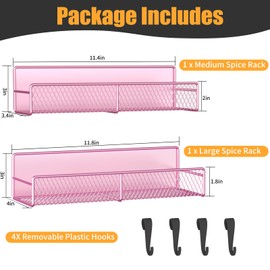 DTUQYX Magnetic Spice Rack for Refrigerator, 2 Pack Metal Magnetic Shelf Pink, Moveable Spice Organizer with Hooks, Super Magnetic Fridge Shelf for Kitchen Organization and Storage