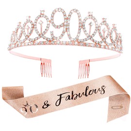90th Birthday Sash and Tiara for Women, Rose Gold Birthday Sash Crown 90, Gifts for 90 years old Woman, Suitable for Women Happy 90th Party Decorations
