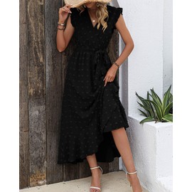 BTFBM Women V Neck Summer Dress 2025 Cap Sleeve Swiss Dot Boho Flowy Ruffle Slit Beach Party Long Maxi Cocktail Dresses(Swiss Dot Black, Medium)