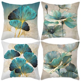 Betadistor Green Cushion Covers Set of 4, 45cm x 45cm Modern Ginkgo Leaves Print Decorative Throw Pillow Cases Home Decor Square Cushion Cover 18x18 Inches, Ginkgo Leaves, 507-0137
