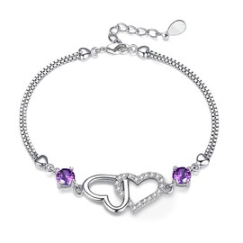 ASH'S CHOICE Women's Bracelet Sterling Silver Bracelet Heart Double Love Zirconia Purple Adjustable Bracelet Mother's Day Birthday Christmas Bijoux for Women Girlfriend Mum