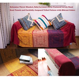 LORRIARD Boho Throw Blankets,Bohemian Bed Throws,Chenille Tassels Throw Blanket for Couch Sofa,Chair Bed，Hippie Room Decor,Hippie,Indian Throw Blankets (Red Navy Yellow 60x75)