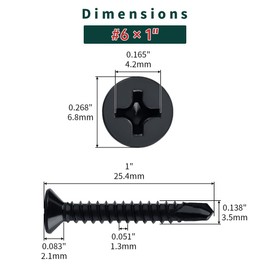 #6 x 1 Flat Head Self Drilling Screws (100 pcs), 410 Stainless Steel, Phillips Drive #2, Black Oxide Coated Flat Head Self Tapping Screws, Fayeploo (with Phillips Driver Bit)