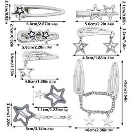 10PCS Star Hair Clips Silver Hair Clips Metal Star Barrettes 8 Shapes Pentagram Hair Snap Clips Punk Kawaii 2000s Hair Accessories for Women