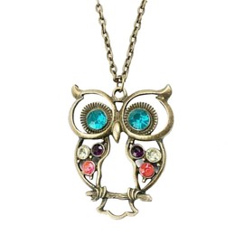 JczR.Y Vintage Owl Pendant Necklace Dainty Rhinestone Crystal Sweater Chain Owl Necklace for Women Men Jewelry (Anti-gold)
