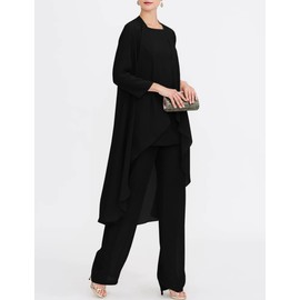 Zongqiven Chiffon Mother of The Bride Pant Suits 3Pcs Wedding Formal Outfit Set Evening Gown for Women Black