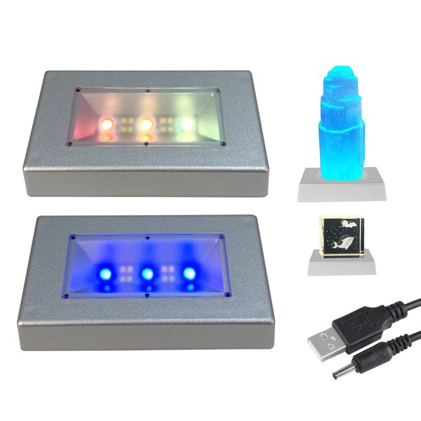YWNYT LED Lights Display Base, 2 Pcs Multicolor Lighted Rectangle USB LED Display Stand Art Figurine Decoration Light Base for 3D Crystal Glass Art Statues (Silver)
