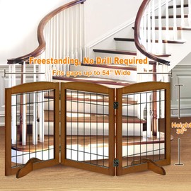 LZRS 3-Panel Freestanding Adjustable Wooden Dog Gate—30" Tall Foldable Pet Barrier with Support Feet, Chew-Resistant Solid Hardwood & Steel Wire Safety Fence for Doorways, Hallways, and Stairs, Cherry