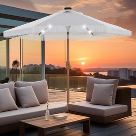 GDY 7.5ft Tassel Patio Umbrella Outdoor Table Umbrella with 18 LED Lights,Market Umbrella with 6 Sturdy Ribs, with Push Button Tilt and Crank, Bright White