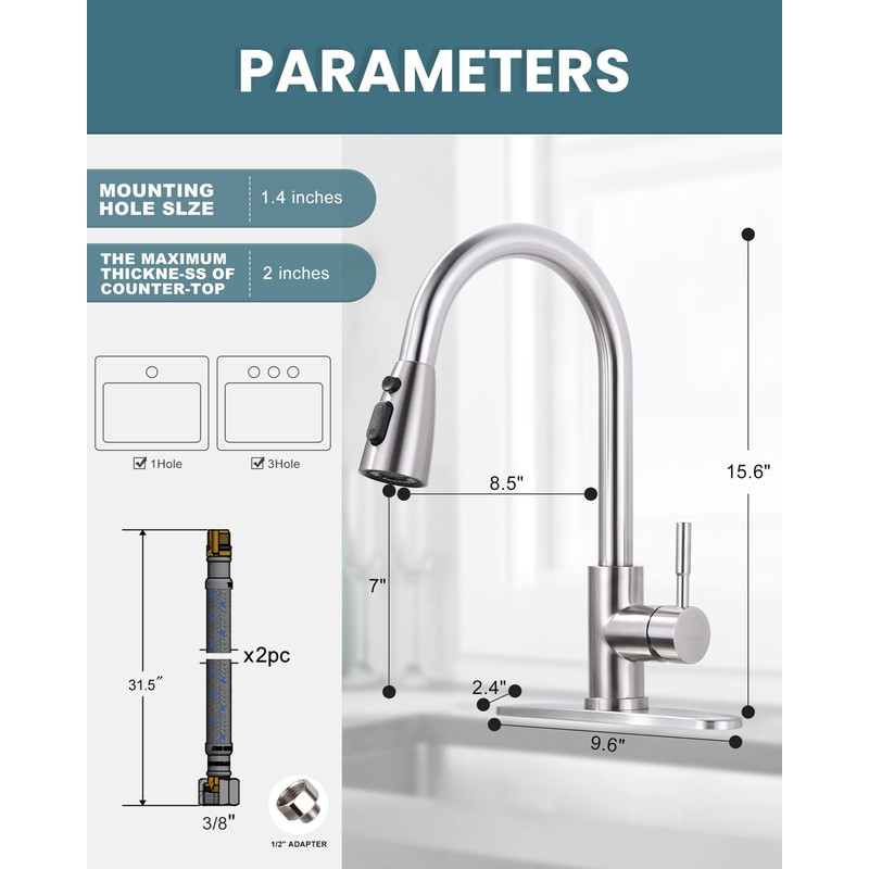 WOWOW Kitchen Faucet with Sprayer, Kitchen Sink Faucet, SUS 304