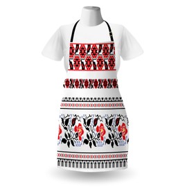 Lunarable Ukrainian Apron, Russian Rushnik Floral Arrangement Eastern European Folklore Ornaments, Unisex Kitchen Bib with Adjustable Neck for Cooking Gardening, Adult Size, Blue Black