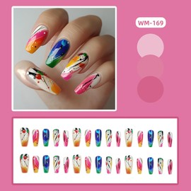 TBRZTR Colorful Press on Nails Medium Length Artificial Coffin Nails Press on Nails with Design Full Cover Stick on Nails Ballet Shaped False Nails Acrylic Nails 24Pcs Glossy Glue on Nails for Women