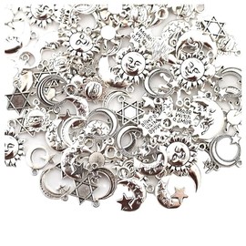 HERZWILD 120g Charms Pendants Mixed Antique Silver Sun Moon Stars Charms Pendants for Crafting Jewelry Making Accessory for DIY Necklace Bracelet(Sliver Charms)