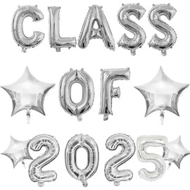 Class of 2025 Balloons with Silver Star, Hanging Foil Silver Balloons Letter for High School College Grad Graduation Party Decorations Silver