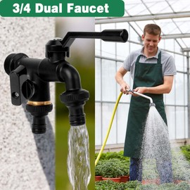 Garden Tap 3/4 Inch, Double Tap Frost-Proof, Double Outlet Tap Brass with Hose Adapter/Sealing Tape/Waterproof Band, Tap Ball Valve for Household/Garden/Washing Machine