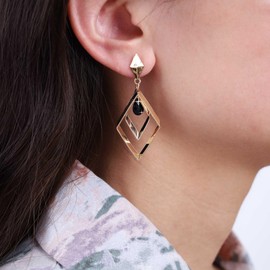 Yheakne Boho Rhombus Square Earrings Gold Double Square Earrings Vintage Drop Onyx Earrings Hollow Square Onyx Earrings Jewellery for Women and Girls, Zinc, No Gemstone