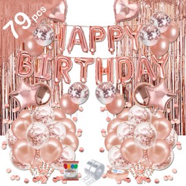 (Upgraded)Birthday Decorations, 79 PCS Rose Gold Birthday Party Decorations Party Supplies Confetti Balloons with Happy Birthday Banner Foil Fringe Curtains for Woman Mom Girl 16th 18th 21st 30th 50th