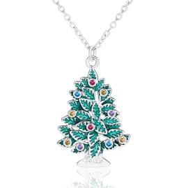 Simple Christmas Tree Colorful Crystal Pendant Necklace for Women Cubic Zirconia Green Enamel Plant Silver Plated Adjustable Chain Charm Necklaces Xmas Party Holiday Festival Jewelry Accessories Gift