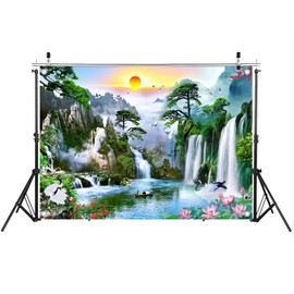 CYYBZZ 7X5FT Chinese Style Landscape Photography Backdrop Waterfall Mountain with Lotus Flowers Scene Photo Background Adult and Child Photography Props 213037