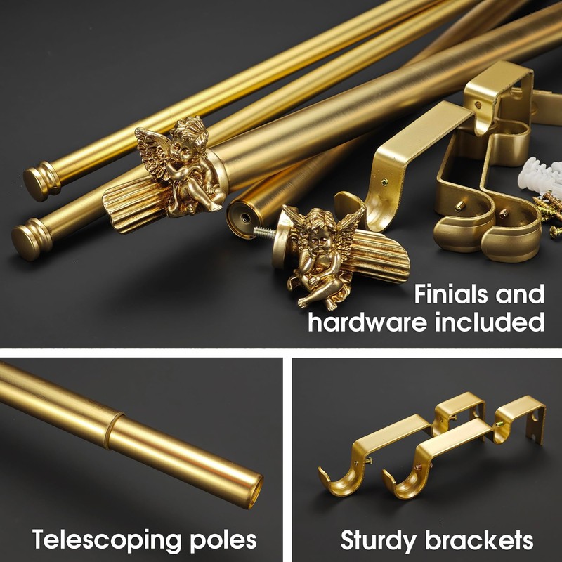 ILAISIHOME 1-1/8 Inch Diameter Brushed Gold Curtain Rods with Cherub