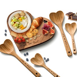 Yinder 5 Pcs Christmas Kitchen Gift Set Bamboo Heart Shaped Charcuterie Board Heart Cutting Board Engraved Heart Shaped Wooden Spoon Serving Platters Kitchen Accessories for Christmas Valentine's Day