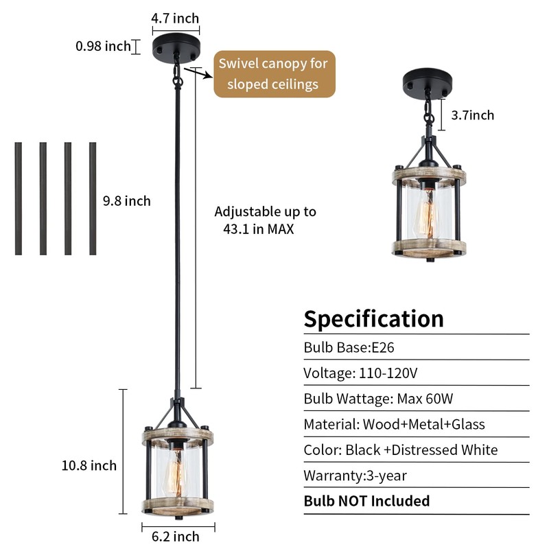 Ejerlya Farmhouse Pendant Light, Rustic White Wood and Metal Cage