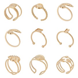 WADORN 9Pcs 9 Styles 18K Gold Plated Blank Rings Base Tray for Jewelry Making, Adjustable Flat Finger Ring Components 304 Stainless Steel Blanks Open Cuff Bezel Trays for DIY Crafts Jewelry Making