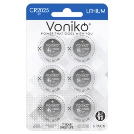 Voniko CR2025 3V Lithium Batteries 6 Pack for Child Safety, Compatible with Remotes, Key Fobs, Watches, Calculators - 7 Years Shelf Life