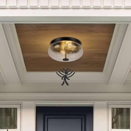 Rosient Motion Sensor Outdoor Ceiling Light, Black Modern Design Ceiling Light Fixture with Ripple Glass for Porch, Garage, Patio, Hallway, Entryway, Energy Efficient (2 Blub Needed)