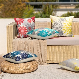 Waterproof Cushion Covers, Outdoor Cushion Covers, Red, 40 x 40 cm, Cushion Covers, Modern Geometric Floral Print Decor, Set of 4, Linen Cushion Cover for Garden, Patio, Porch, Balcony, Sofa, Couch