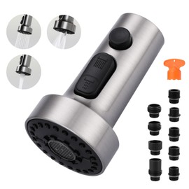 Pull Down Faucet Head Replacement: 3-Function Kitchen Faucet Sprayer Head Replacement with 9 Adapters - Brushed Nickel Sink Faucet Head Compatible with Moen, Delta, American Standard Faucets