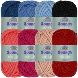 JubileeYarn Spongy Dish Yarn - Polyester Dishcloth - 50g/Skein - Shades of Red & Blue - 8 Skeins