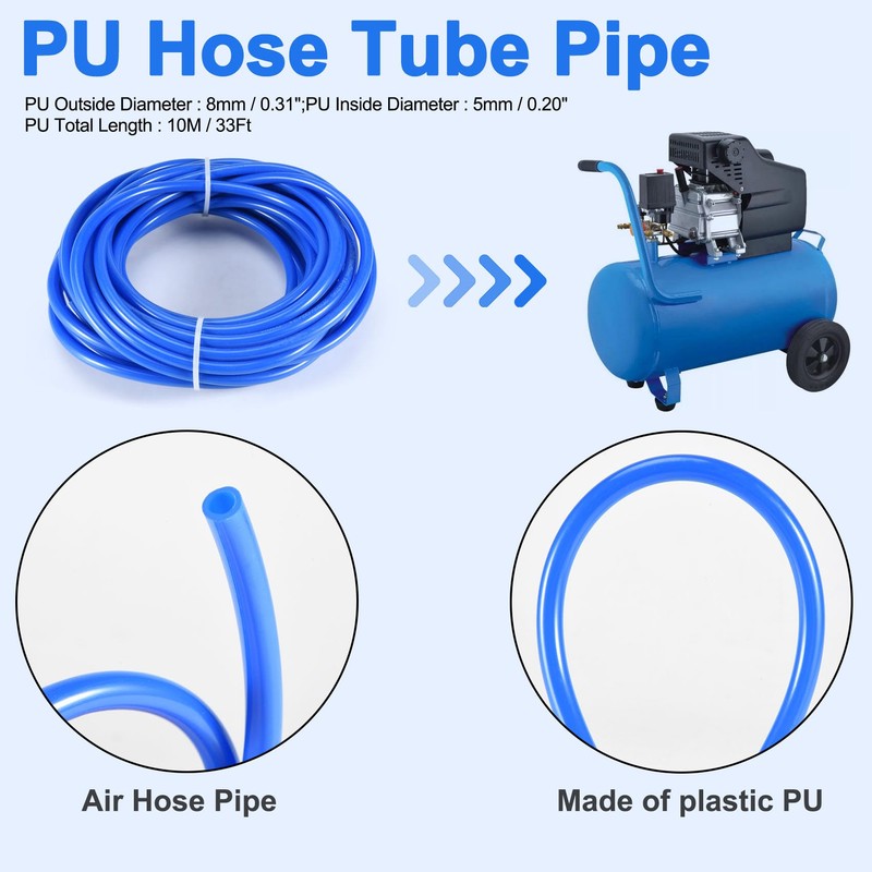 8mm(OD) x 5mm(ID) PU Air Tubing Pipe Hose 10 Meter