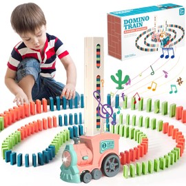 Juego de Juguetes de Dominó para Niños, Juguete de Tren de Dominó Automático con Luces y Sonidos, 120 Piezas Juego de Dominó de Construcción y Apilamiento, Regalo para Niños de 3 a 8 Años (Rosa)